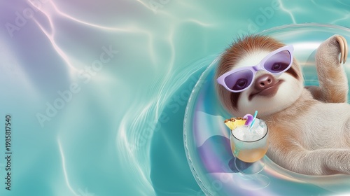 Sloth relaxes on inflatable ring. Tropical drink adds vacation vibe. Bright water reflections feel refreshing. Cute sloth wearing sunglasses floating in pool with cocktail in pastel turquoise water
