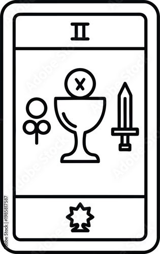 Tarot card illustration with mystical symbols sword and cup line art design