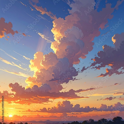Vibrant sunset with large fluffy clouds in a blue and orange sky