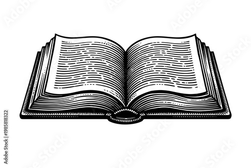 Vintage Open Book Engraving: Classic Woodcut Illustration of an Opened Textbook with Blank Pages, Symbolizing Education, Knowledge, Reading, and Storytelling for Academic, Literary, Design, or Decorat