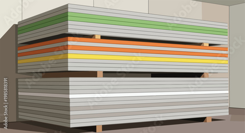 A stack of rectangular construction panels with colorful layers in a warehouse