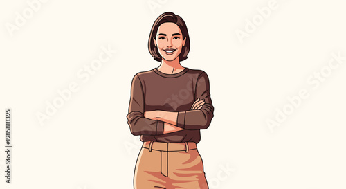 A friendly woman with short brown hair poses confidently with her arms crossed