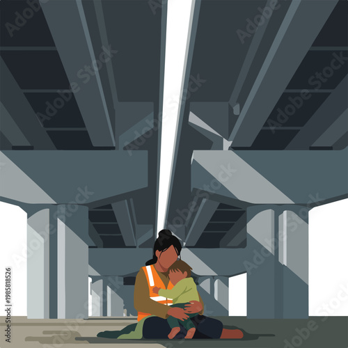A mother in a safety vest holding her child under a massive concrete bridge