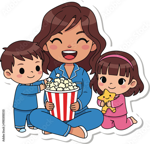 Happy family watching movie mother and children eating popcorn in pajamas at home.