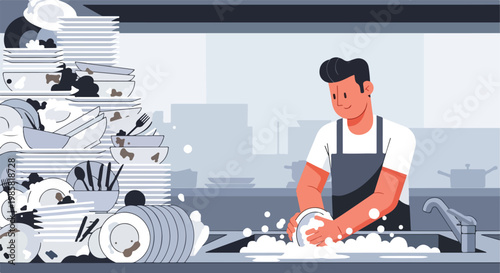 A chef washing a plate by hand in a sink next to a large stack of dirty dishes