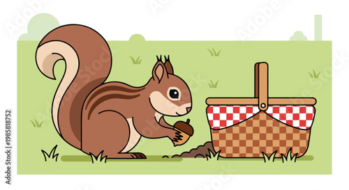 A cartoon squirrel holding an acorn next to a picnic basket on the green grass