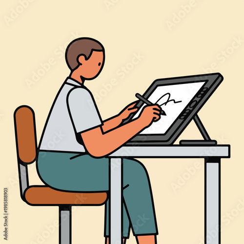 A person sitting at a desk drawing on a digital graphic tablet with a stylus