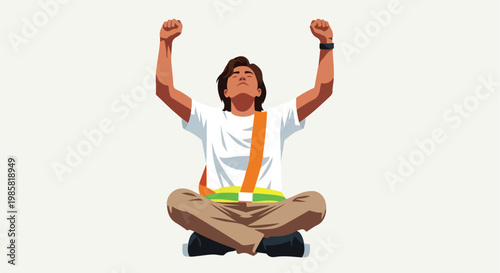A young person sits cross-legged with arms raised in a gesture of celebration