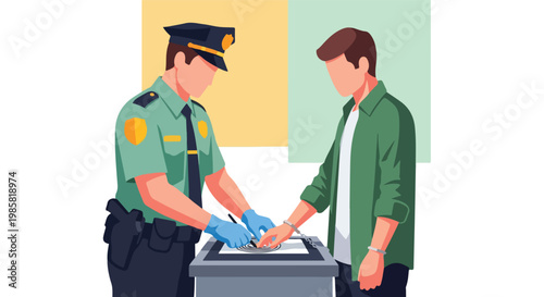 A police officer in a uniform taking fingerprints of a handcuffed young male