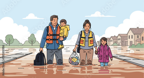 A family wearing life jackets walks through deep floodwater carrying belongings