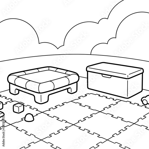 Simple coloring page of a playroom with toys and storage box  