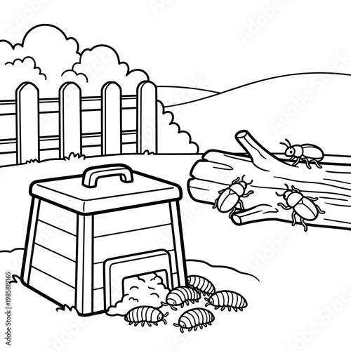 Insect habitat with beetles on log and shelter in countryside scene  coloring page