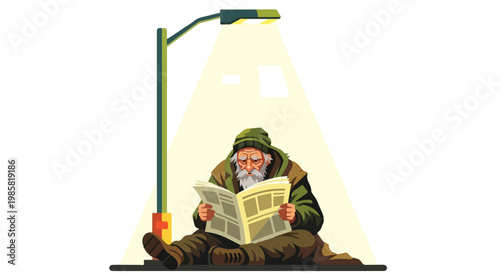 An elderly man sits on the ground reading a newspaper under a bright street lamp