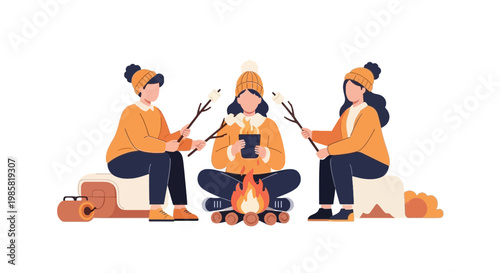 Three friends sitting around campfire sharing stories in outdoor setting