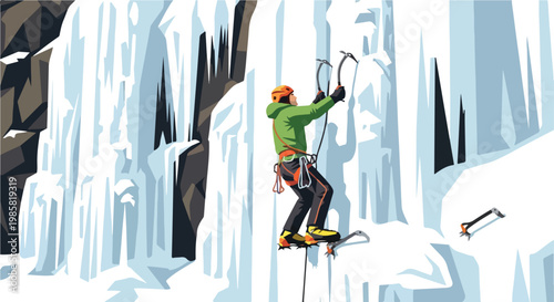 An ice climber in a green jacket scales a vertical frozen waterfall with axes