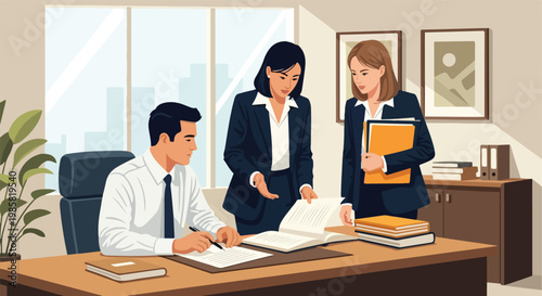 Professional colleagues collaborating on business paperwork in a bright office space