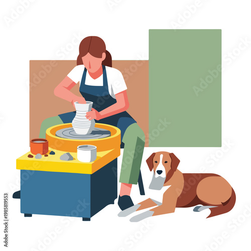 A potter crafts a clay vase on a spinning wheel with a pet dog lying nearby