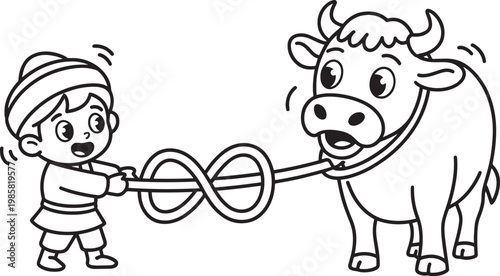 Child pulling a cow with a rope in a tug of war illustration in outline style