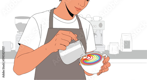 A barista in an apron pours milk into a cup of coffee with rainbow latte art