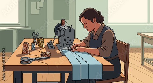 A woman in an apron uses a sewing machine to stitch blue fabric at a workshop