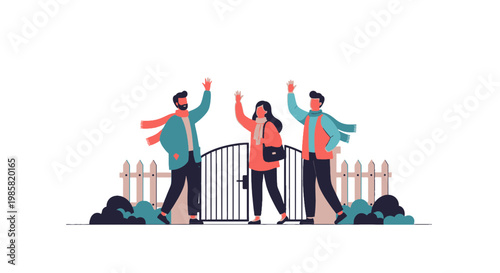 Happy friends celebrating outdoors near gate and fence