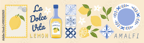 Bild auf Leinwand Amalfi lemon vector set, Mediterranean elements collection with limoncello bottl