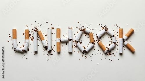Broken cigarette butts arranged to form the word UNHOOK amidst scattered tobacco flakes conveying the concept of quitting smoking cigarettes addiction health cessation break
