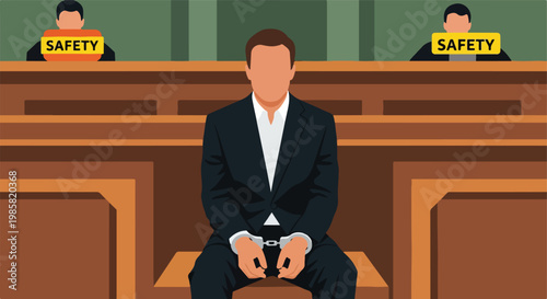 A man in a suit wearing handcuffs sitting inside a courtroom with two observers