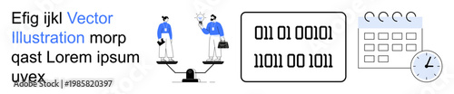 Business management, decision-making, data analysis, work-life balance, technology, productivity. Two characters on scales, binary code and a calendar with a clock. Business management