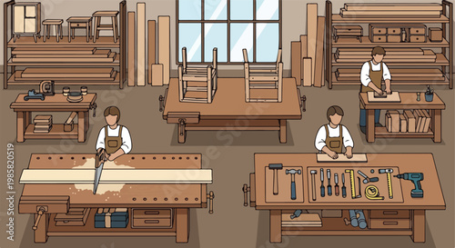 Three artisans work with wooden furniture and various hand tools in a workshop