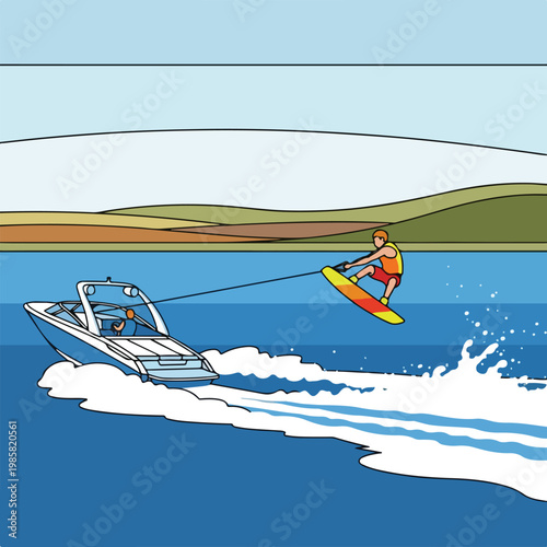 A person wakeboarding behind a motorboat on a lake with hills in the background