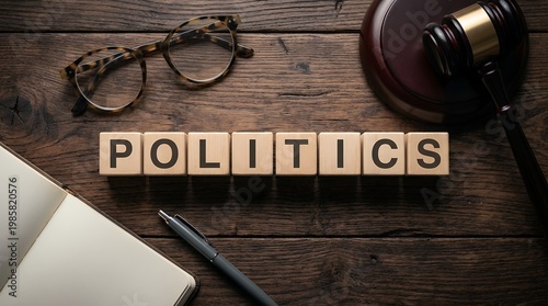 Overhead view of wooden blocks spelling POLITICS next to a gavel eyeglasses and an open notebook with pen on a rustic wooden surface governance government law justice decision