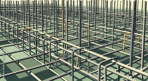 A structured grid of reinforcing steel bars prepared for concrete foundation work