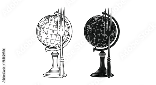 Globe vector illustration of two earth globes on stands with satellites