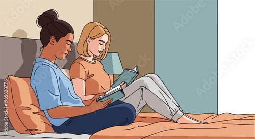 Two women sitting on a bed together in a bedroom while reading their own books