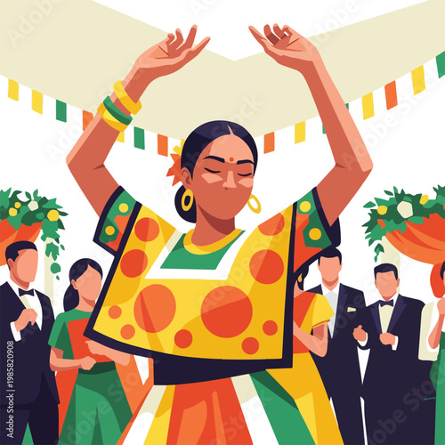 A person in vibrant traditional clothing dancing joyfully at a festive wedding