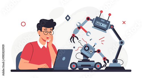 Cartoon Man with Laptop Watching Robots Fighting.