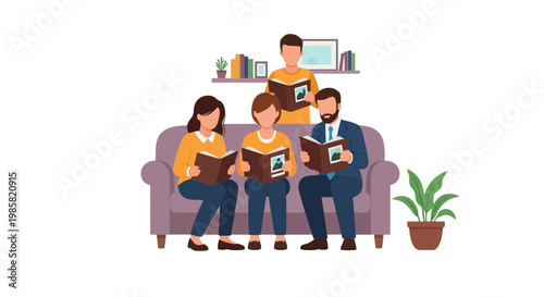 Family Reading Time on Couch in Cozy Living Room