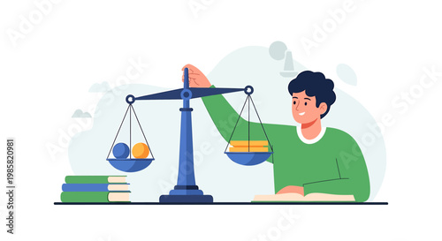 Conceptual Balance Scale Illustration with Gold and Blue Objects.