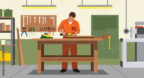 A person in orange workwear uses a power sander on wood at a garage workbench