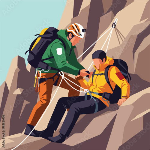 A rock climber assists a companion in distress on a steep, jagged mountain face