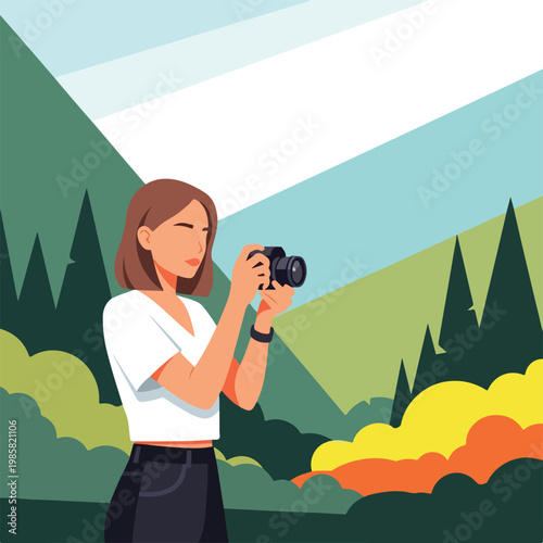 Woman in a white shirt takes a photograph with a camera in a forest setting