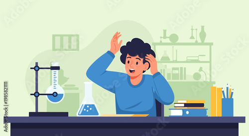 Confused student in science lab with hand on head.