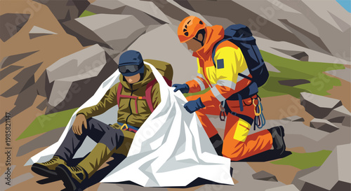 A mountain rescuer wraps an injured hiker in a thermal blanket on rocky terrain