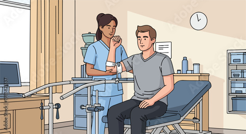 A physical therapist assists a male patient with arm rehabilitation exercises