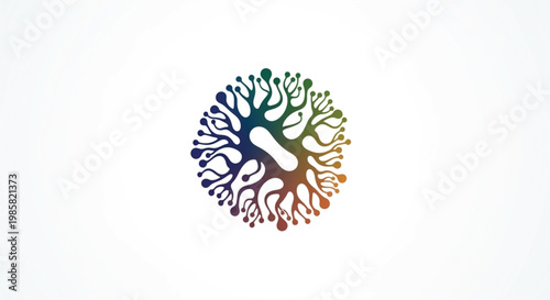 An abstract circular vector logo featuring a vibrant rainbow gradient. The complex branching structure radiates from a central core, resembling neural networks, artificial intelligence.
