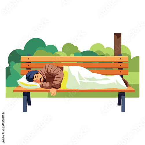 A homeless man sleeping on a wooden park bench covered with a white blanket