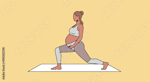 A pregnant woman in sportswear performs a lunge yoga pose on a white exercise mat