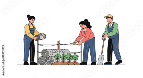 Volunteers Gardening and Recycling Newspaper with Garden Tools