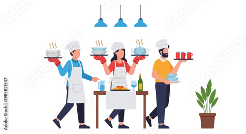 Group of Chefs Preparing and Serving Dishes in a Kitchen